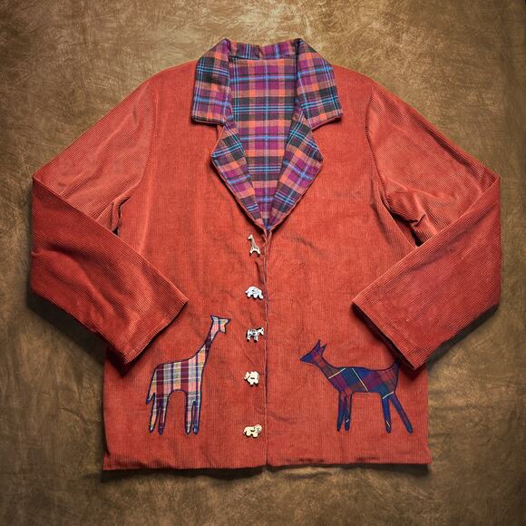 Vintage 90s Handmade Noah's Ark Corduroy Jacket Orange Patchwork Animals Plaid - Picture 1 of 8